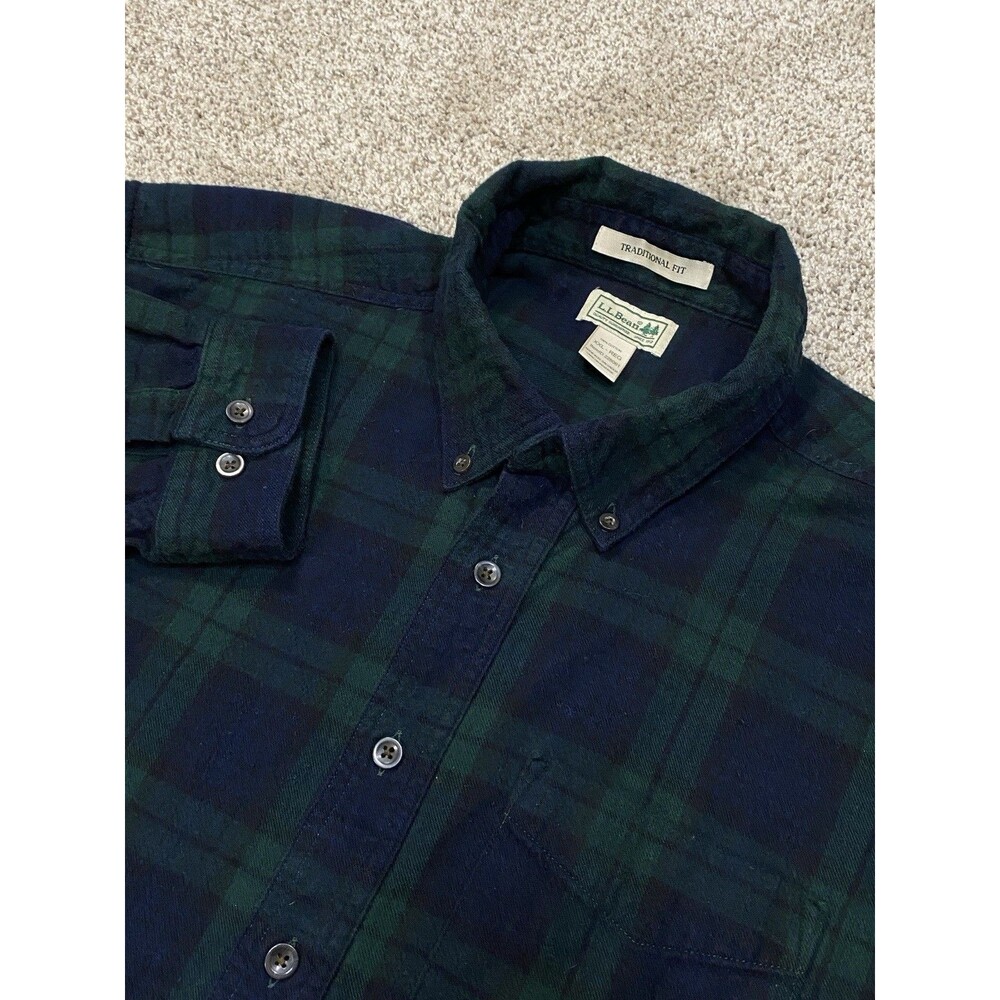 LL Bean Flannel Shirt Men's 2XL Scotch Plaid Traditional Fit Green Blue Outdoors